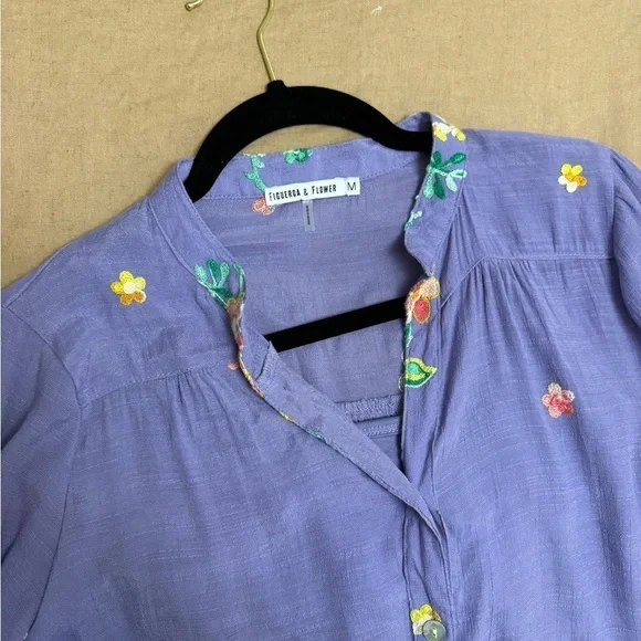 Lavender gauzy embroidered Floral Button-Up Blouse with underneath tank - Picture 3 of 11